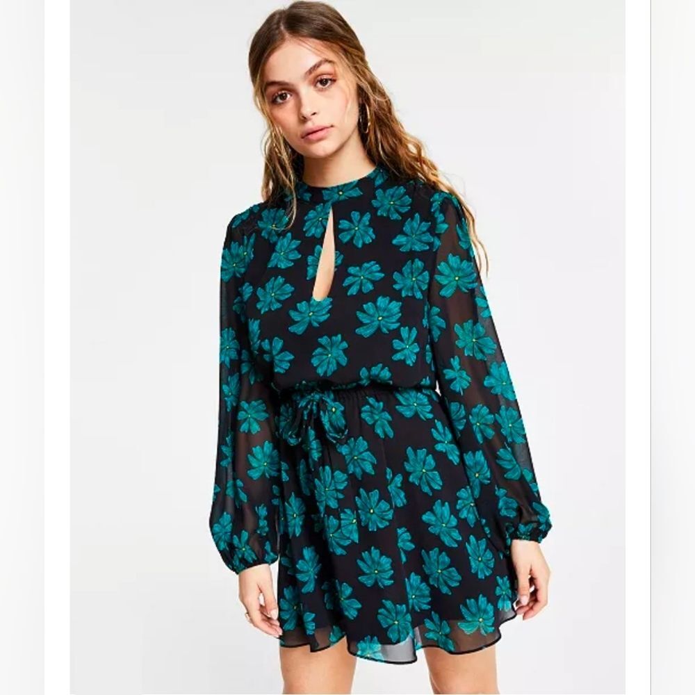 Bar 111 Black & Teal Floral Chiffon Keyhole Neck Open Back Mini Dress Size XS